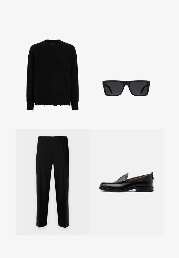 Sort langærmet crewneck sweater med frynsede kanter på ærmer og nederste kant, lavet af et fuzzy strikket stof.; Sorte bukser lavet af glat stof, med lige snit, to forlommer og lynlås med knaplukning.; Sort læder herre loafer med moc-tå syning, penny strop, struktureret krave og lav stablet hæl på hvid baggrund.; Sorte rektangulære solbriller med tykke stel og mørketonede linser på hvid baggrund.
