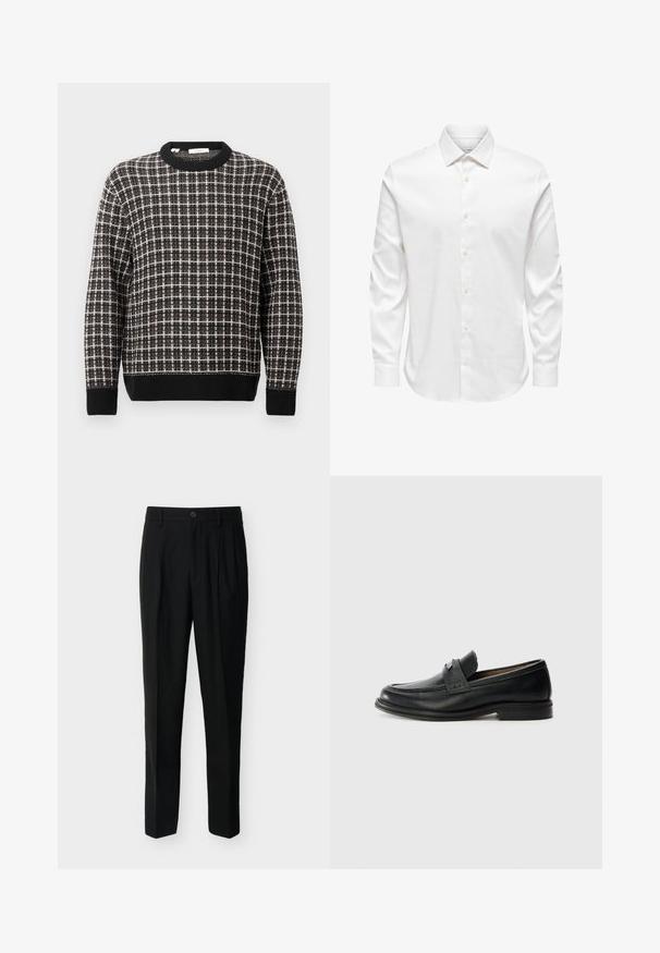 Pull en maille à col rond à motifs à carreaux noir et blanc avec des poignets et un ourlet côtelés, présenté sur un fond clair uni.; Chemise blanche pour homme à manches longues avec col pointu et rangée avant de boutons blancs sur fond uni.; Pantalon noir taille haute, ajusté, avec passants de ceinture, plis à l'avant, poches latérales et fermeture boutonnée avec zip.; Mocassins en cuir noir avec une finition lisse, dotés d'une bande supérieure texturée, d'un talon bas et de détails de couture minimalistes.