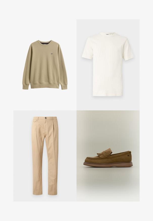 Sweat-shirt beige col rond avec manches longues et petit logo brodé sur le côté gauche de la poitrine.; T-shirt en coton beige clair à manches courtes et col rond. Présente une texture lisse et un design simple sans motifs ni accents.; Pantalons en coton beige à jambe droite pour homme, avec poches avant, passants de ceinture, fermeture à bouton et zip, sur fond blanc.; Mocassin en cuir marron avec un détail à franges sur le dessus et une semelle épaisse en caoutchouc sur un fond clair uni.