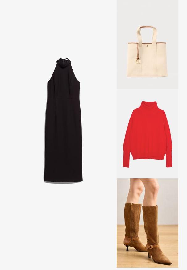 Pull en maille rouge à col montant avec une coupe décontractée, manches longues, poignets et ourlet côtelés. Texture lisse et couleur uniforme.; Robe noire sans manches avec un col haut, un corsage ajusté et une silhouette droite. Fabriquée en tissu lisse avec une fermeture éclair au dos dissimulée.; Bottes marron en daim jusqu'au genou avec un bout pointu, une sangle de cheville contrastante dotée d'une boucle dorée et un talon modéré.; Sac fourre-tout en tissu beige avec garniture en cuir marron, deux poignées, et une petite lanière en cuir suspendue avec un détail d'anneau doré.