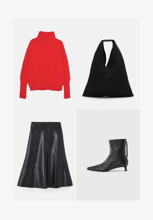 Rode gebreide coltrui met een ontspannen pasvorm, lange mouwen, geribde manchetten en zoom. Glad materiaal en een uniforme kleur.; Zwarte leren rok met een uitlopende ontwerp, middenlengte, met een gladde textuur en discrete stikdetails langs de zoom.; Zwarte leren enkellaars met een puntige neus, gestructureerde vorm en een lage hak. Voorzien van een zijrits en een minimalistisch ontwerp.; Zwart stoffen draagtas met een uniek V-vormig ontwerp en een gladde textuur. Voorzien van een korte handgreep met minimalistische hardware-details.