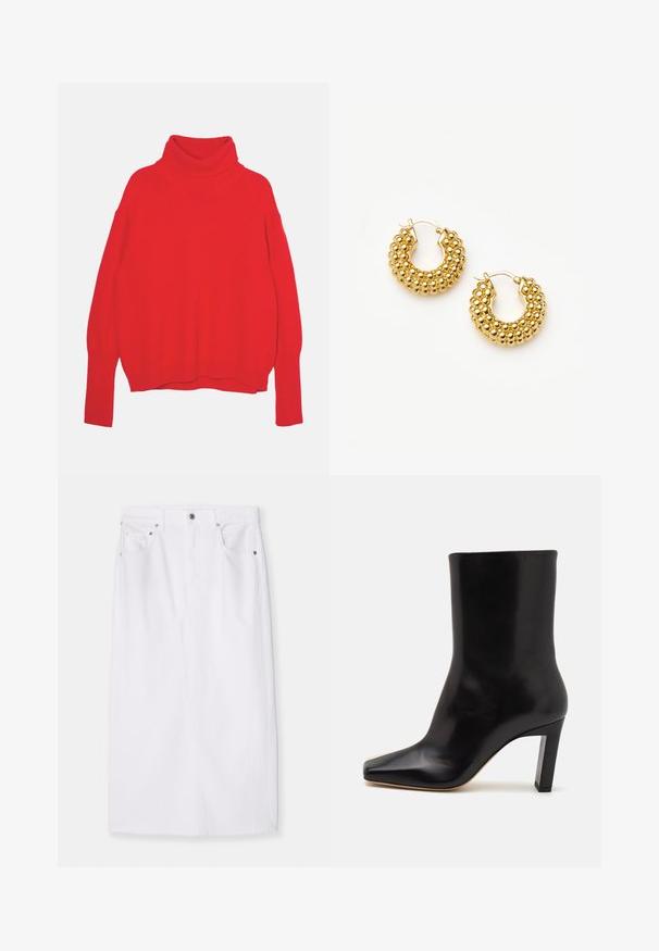 Rød strikket turtle neck trøje med en afslappet pasform, lange ærmer, ribbede manchetter og kant. Glat tekstur og ensfarvet hele vejen igennem.; Hvid denimnederdel med lige snit, der har en talje og lynlås foran, prydet med sølvhardware og fem lommer. Rent design.; Sorte læder ankelstøvler med spids tå, afsmalnet blokhæl og glat tekstur, der har en slank silhuet og minimalistisk design.; Par af gyldne øreringe med teksturerede runde perleklustre og hængslet lukning mod en hvid baggrund.