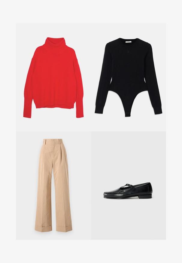 Pull en maille rouge à col montant avec une coupe décontractée, manches longues, poignets et ourlet côtelés. Texture lisse et couleur uniforme.; Bodysuit noir à manches longues avec un col rond, design ajusté et fond style thong. Fabriqué en tissu doux et élastique pour plus de confort.; Pantalons larges beiges taille haute, avec des plis et une texture lisse. Les ourlets sont repliés, ajoutant un détail structuré.; Mocassins en cuir noir avec un design à bride T, présentant des détails de couture le long du bord et un talon bas et structuré.