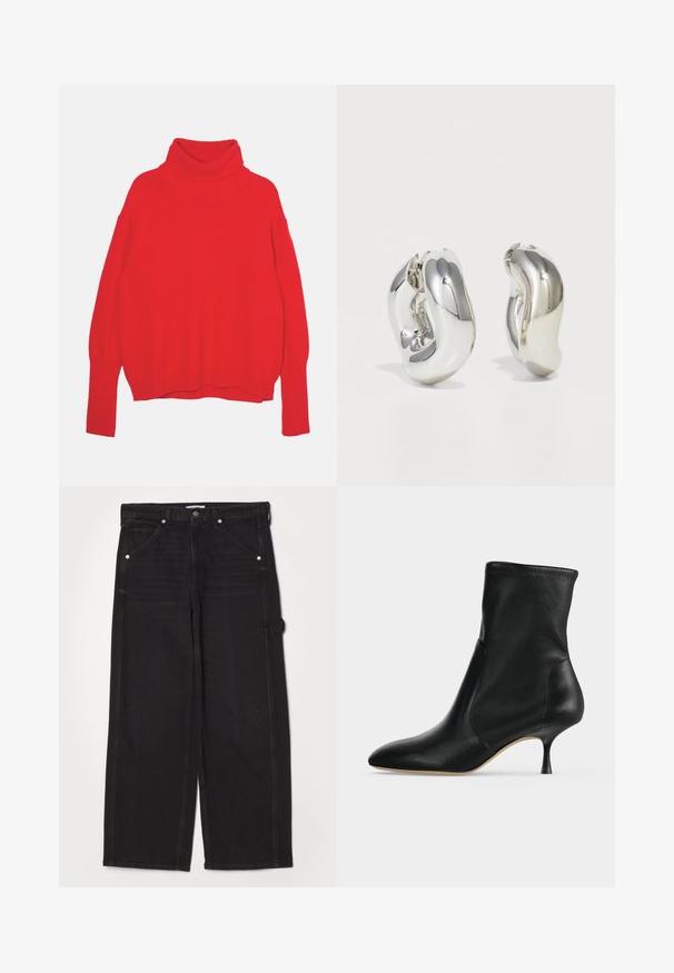 Rode gebreide coltrui met een ontspannen pasvorm, lange mouwen, geribde manchetten en zoom. Glad materiaal en een uniforme kleur.; RE/DONE PAINTER JEAN - Relaxed fit jeans - crafted black; Zwarte leren enkellaars met spitse neus en smalle hak van middelhoge hoogte, zijaanzicht op een lichte achtergrond.; Zilveren sculpturale oorbellen met gladde, gebogen vormen en reflecterende oppervlakken. Voorzien van een gesloten hoepelontwerp en een onderscheidende organische vorm.