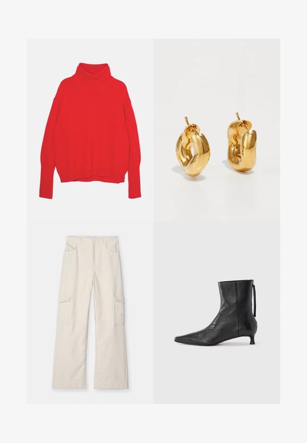 Rød strikket turtle neck trøje med en afslappet pasform, lange ærmer, ribbede manchetter og kant. Glat tekstur og ensfarvet hele vejen igennem.; Creme cargo bukser lavet af tekstureret stof, med to sidelommer, lige ben-design og en tætsiddende talje med forlukning.; Sort læderankelstøvle med spids tå, struktureret form og lav hæl. Har en sidesyning og minimalistisk design.; Chunky guld hoop øreringe med et let snoet, rørformet design og postsystem bagpå, på en hvid baggrund.