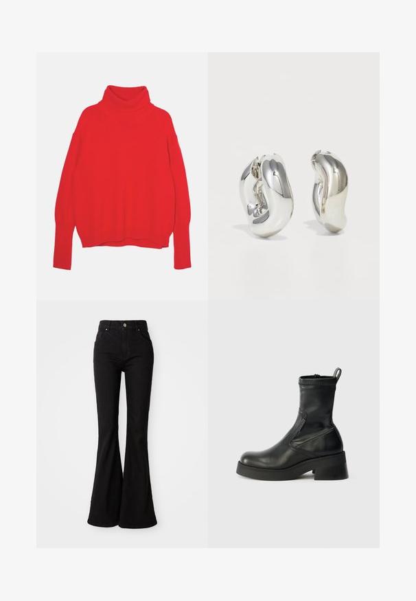 Rød strikket turtle neck trøje med en afslappet pasform, lange ærmer, ribbede manchetter og kant. Glat tekstur og ensfarvet hele vejen igennem.; Sorte brede jeans lavet af denim, med høj talje, knaplukning og klassisk fem-lomme design. Glat tekstur og ensartet farve.; Sorte læder ankelstøvler med rund tå, lynlås i siden, lav blokhæl og pæn syning. Tekstureret overflade med en glat finish.; Sølvskulpturelle øreringe med glatte, buede former og reflekterende overflader. Har et lukket hoop-design og en markant organisk form.