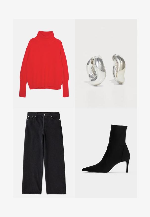 Rød strikket turtle neck trøje med en afslappet pasform, lange ærmer, ribbede manchetter og kant. Glat tekstur og ensfarvet hele vejen igennem.; Sorte denim wide-leg jeans med fem lommer, knaplukning og sølvhardware. Har en ren, skræddersyet silhuet og subtil tekstur.; Sort ankelstøvle med spids tå og slank høj hæl, vist i profil på en lys baggrund. Elegant, minimalistisk design.; Sølvskulpturelle øreringe med glatte, buede former og reflekterende overflader. Har et lukket hoop-design og en markant organisk form.
