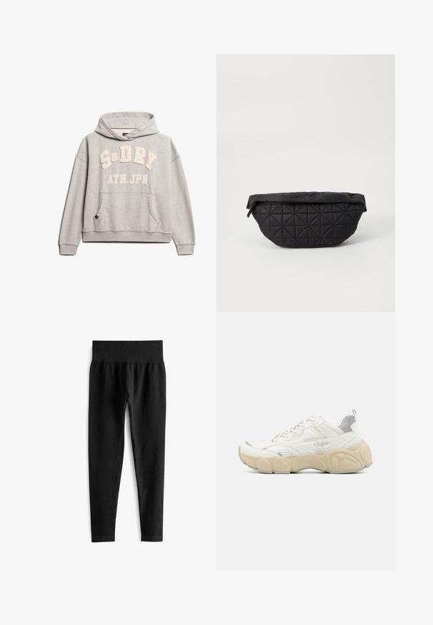 Superdry & Co ATHLETIC ESSENTIALS - Hættetrøje - grey marl; Sorte ribbede leggings med en bred elastisk talje, der har en tætsiddende silhuet og en glat tekstur. Ingen synlig hardware eller mønstre.; Hvide sneakers med mesh og glat læderoverdel, der har en polstret krave, tekstureret gummisål og diskrete metalliske accenter.; Sort quiltet taske med en blød, polstret tekstur og et vinkelret diamantmønster, med en buet silhuet og lynlåslukning.