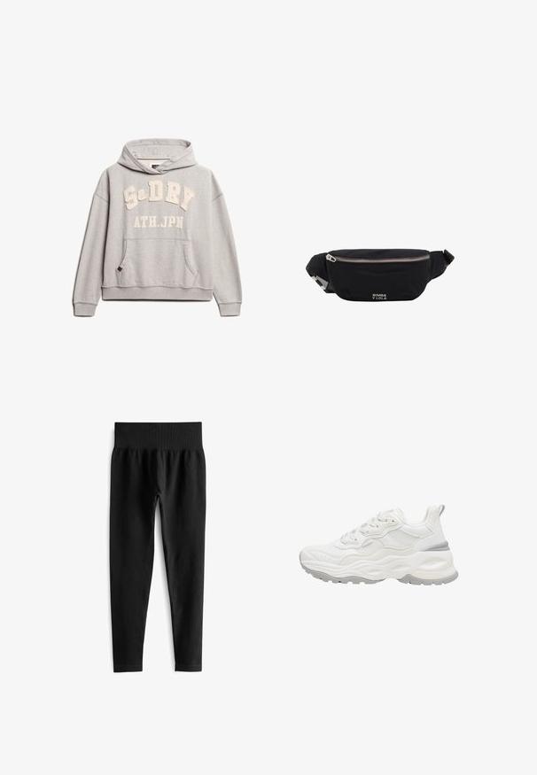Superdry & Co ATHLETIC ESSENTIALS - Hoodie - grey marl; Zwarte geribde leggings met een brede elastische tailleband, met een aansluitende pasvorm en een gladde textuur. Geen zichtbare hardware of patronen.; Witte chunky sneaker met een gestructureerde zool, mesh en leren bovenwerk, vetersluiting en trekkoord aan de hiel tegen een witte achtergrond.; Zwarte stoffen heuptas met zilveren rits en verstelbare band, voorzien van klein wit "Bimba y Lola"-logo aan de voorkant.
