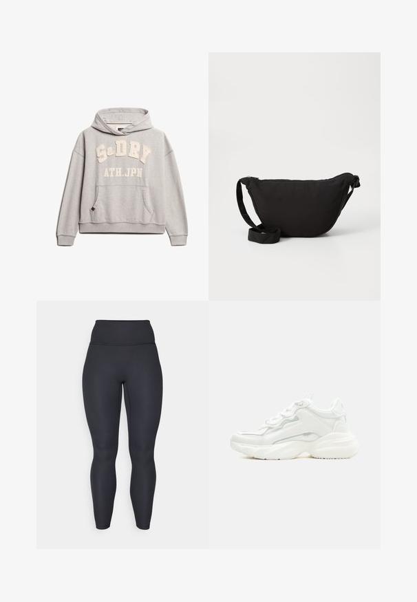 Superdry & Co ATHLETIC ESSENTIALS - Hættetrøje - grey marl; Høj taljede sorte ribbede leggings med en tætsiddende design, glat tekstur og fuldlængde pasform. Har en bred talje for støtte.; Hvid chunky sneaker med tyk sål, snørelukning foran og glat syntetisk overdel med subtile syningsdetaljer.; Sort hobo taske lavet af blødt stof, med en buet form, lynlåslukning og en bred justerbar rem. Glat tekstur uden mønstre.
