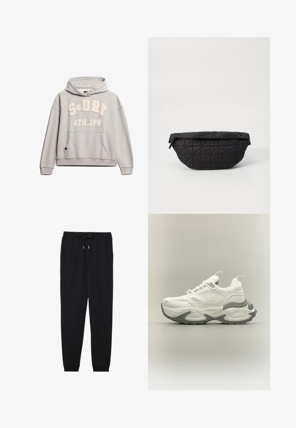 Superdry & Co ATHLETIC ESSENTIALS - Hættetrøje - grey marl; Sorte joggerbukser lavet af blødt stof, med en elastisk talje med snor, sidelommer og smalt siddende ankler.; Hvid og grå chunky sneaker med tekstureret sål, trækflapper på tunge og hæl samt detaljeret paneldesign på overdelen.; Sort quiltet taske med en blød, polstret tekstur og et vinkelret diamantmønster, med en buet silhuet og lynlåslukning.