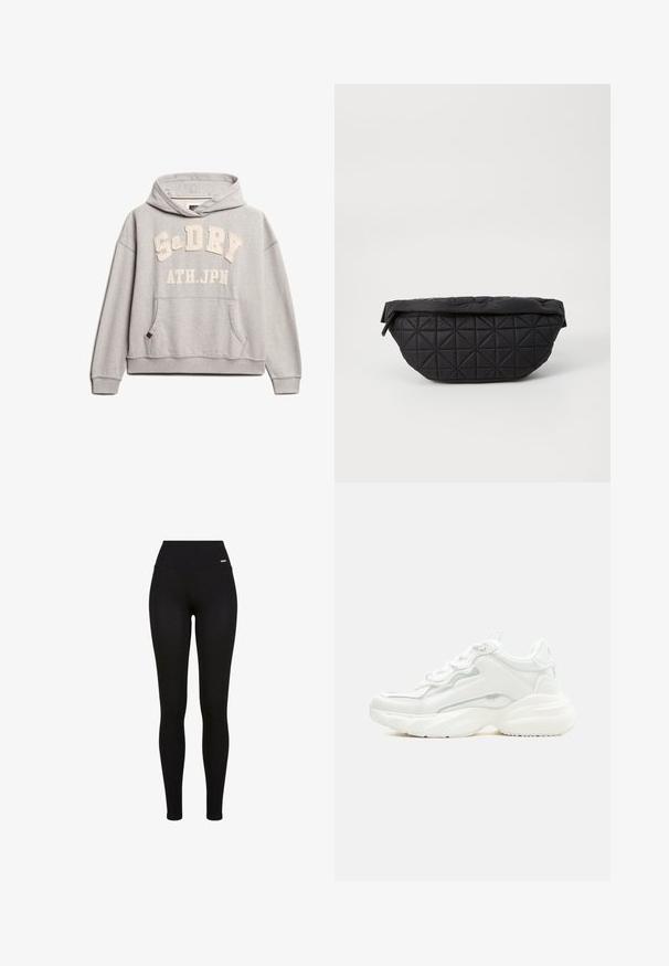Superdry & Co ATHLETIC ESSENTIALS - Hættetrøje - grey marl; Sorte leggins med høj talje, strækbart stof, glat tekstur og en tætsiddende pasform, der er velegnet til casual eller atletisk brug.; Hvid chunky sneaker med tyk sål, snørelukning foran og glat syntetisk overdel med subtile syningsdetaljer.; Sort quiltet taske med en blød, polstret tekstur og et vinkelret diamantmønster, med en buet silhuet og lynlåslukning.