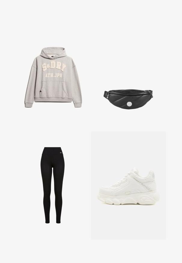 Superdry & Co ATHLETIC ESSENTIALS - Hættetrøje - grey marl; Sorte leggins med høj talje, strækbart stof, glat tekstur og en tætsiddende pasform, der er velegnet til casual eller atletisk brug.; Hvid chunky sneaker med tyk sål, snørelukning og "Buffalo" branding på siden og hælen.; Sort quiltet læder bæltetaske med en glat tekstur, buet form og sølv hardware. Har et logo-detalje på fronten.
