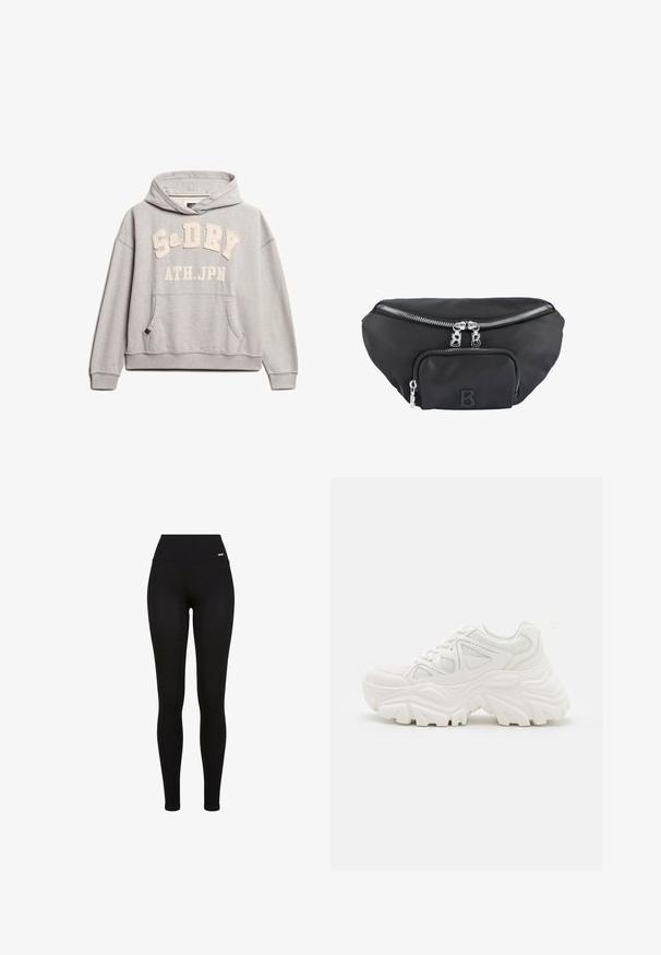 Superdry & Co ATHLETIC ESSENTIALS - Hoodie - grey marl; Zwarte leggings met een hoge tailleband, rekbaar materiaal, een soepele textuur en een pasvorm die geschikt is voor casual of sportieve kleding.; Witte chunky sneakers met een textuur bovenwerk, meshpanelen en dikke rubberen zolen met een uitgesproken profiel. Inclusief veters en een aantreklip.; Zwarte nylon heuprugzak met een hoofdvak met rits en een voorvak, voorzien van zilveren ritsen en een verhoogd logo met de letter "B".