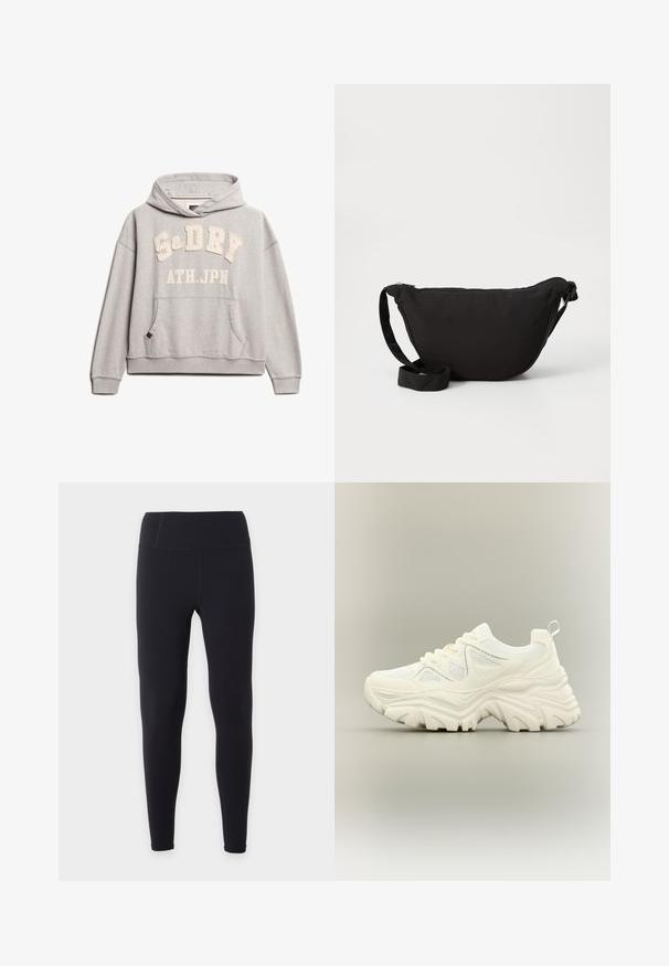 Superdry & Co ATHLETIC ESSENTIALS - Hoodie - grey marl; Zwarte, high-waisted, lange legging met een gladde afwerking, plat getoond op een effen witte achtergrond zonder zichtbare logo's of patronen.; Witte chunky sneaker met dikke textuurrijke zool, mesh panelen, veters aan de voorkant en een treklipje aan de hiel op een neutrale achtergrond.; Zwarte hobo tas gemaakt van zachte stof, met een gebogen vorm, een ritssluiting en een brede verstelbare schouderriem. Glad van structuur zonder patronen.