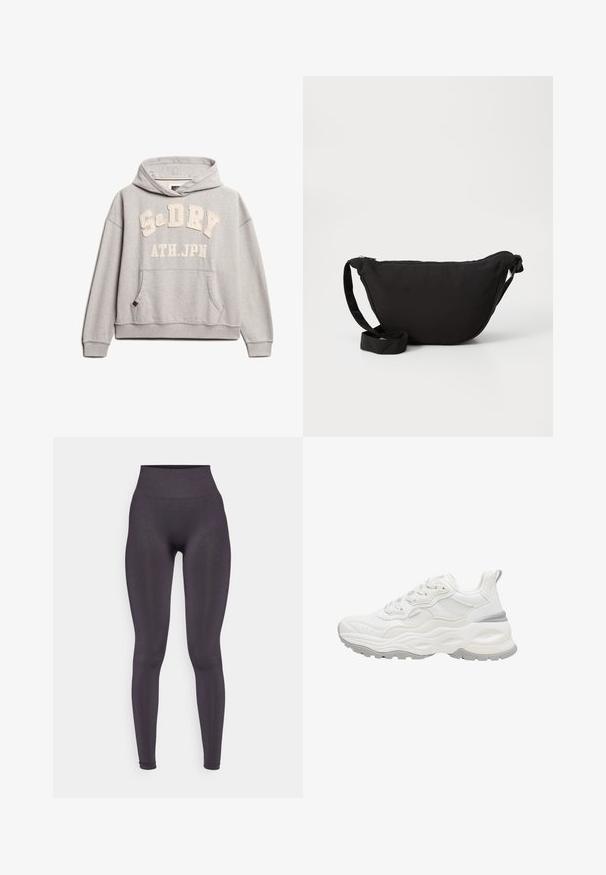 Superdry & Co ATHLETIC ESSENTIALS - Hættetrøje - grey marl; Højtaljede mørkegrå leggins lavet af et glat, strækbart materiale med et tætsiddende design og uden synlige mønstre eller hardware detaljer.; Hvid chunky sneaker med tekstureret sål, mesh og læder overdel, snørelukning og trækstrop på hælen mod en hvid baggrund.; Sort hobo taske lavet af blødt stof, med en buet form, lynlåslukning og en bred justerbar rem. Glat tekstur uden mønstre.