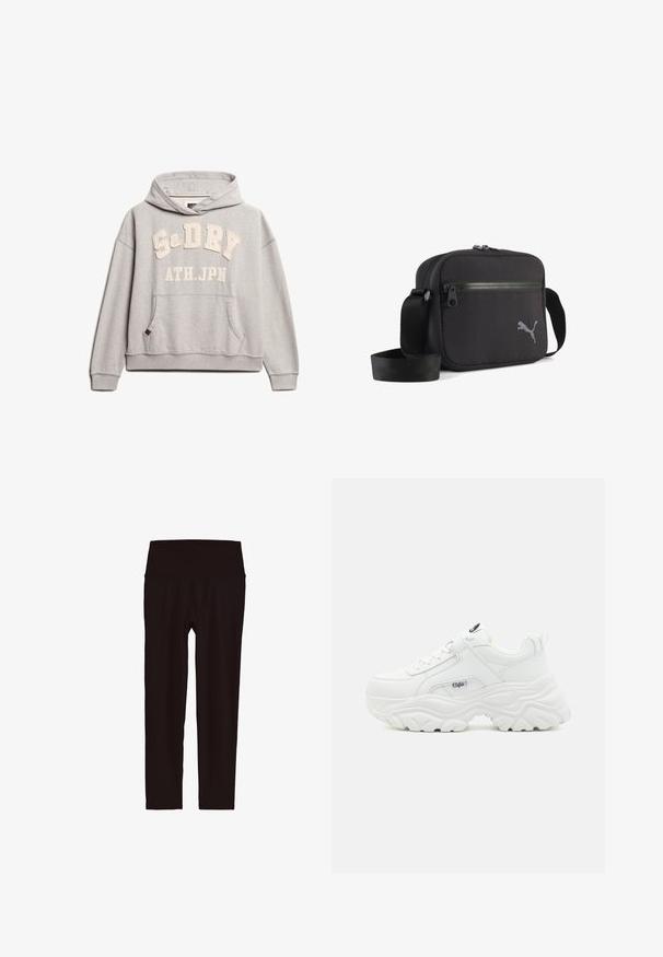 Superdry & Co ATHLETIC ESSENTIALS - Hættetrøje - grey marl; Sorte, højtaljede leggings i ankellængde med en bred linning, vist mod en hvid baggrund.; Hvide chunky sneakers med en glat læderoverdel, rund tå og tyk tekstureret sål med et synligt brandlogo på siden.; Sort skuldertaske i stof med rektangulær form, udstyret med lynlås, tekstureret overflade og en grå broderet logo på den ene side.