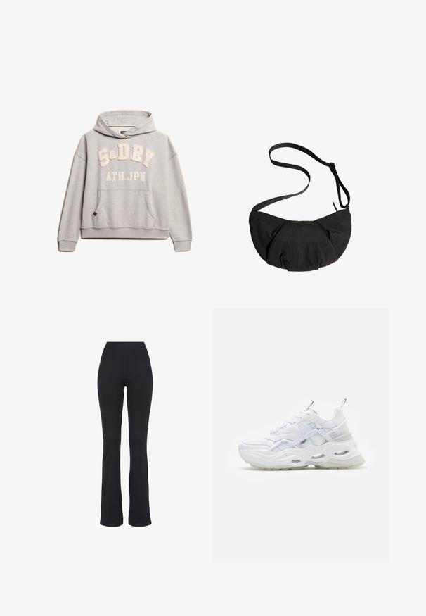 Superdry & Co ATHLETIC ESSENTIALS - Hættetrøje - grey marl; Sorte højtaljede, tætsiddende yogabukser med udvidede ben, præsenteret mod en hvid baggrund.; Hvide sneakers med en kraftig sål, lagdelt mesh og syntetisk overdel, med mønstrede detaljer, snøresystem og hæl-dragtag.; Sort halvmåneformet crossbody-taske med justerbar rem og rynket stofdetalje mod en hvid baggrund.