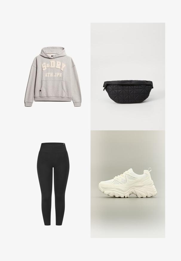 Superdry & Co ATHLETIC ESSENTIALS - Hoodie - grey marl; Zwarte legging met een hoge elastische tailleband, een gladde textuur en een aansluitend ontwerp, geschikt voor diverse activiteiten.; Witte chunky sneaker met dikke textuurrijke zool, mesh panelen, veters aan de voorkant en een treklipje aan de hiel op een neutrale achtergrond.; Zwarte, gewatteerde tas met een zachte, gewatteerde textuur en een hoekig ruitpatroon, met een gebogen silhouet en ritssluiting.