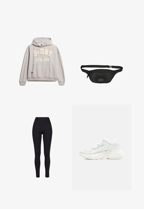 Superdry & Co ATHLETIC ESSENTIALS - Hoodie - grey marl; Zwarte high-waisted legging, gemaakt van rekbaar materiaal, met een gladde textuur en een aansluitend ontwerp zonder zichtbare naden of patronen.; Witte chunky sneaker met dikke zool, veters aan de voorkant en een glad bovenwerk van synthetisch materiaal met subtiele stikdetails.; Zwarte heuptas van soepel, waterafstotend materiaal, met een rechthoekig lichaam, verstelbare schouderband en een logo-opdruk aan de voorkant.