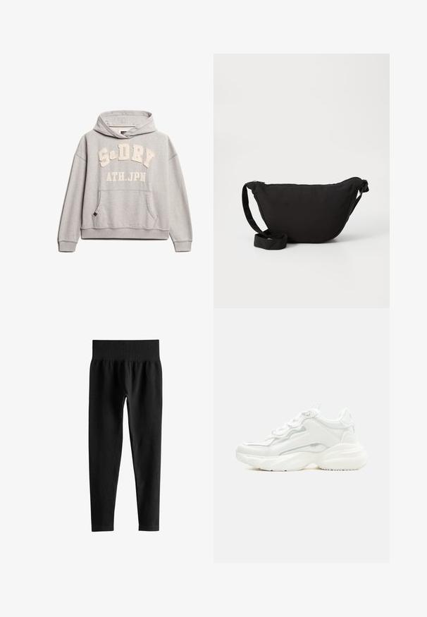 Superdry & Co ATHLETIC ESSENTIALS - Hoodie - grey marl; Zwarte geribbelde leggings met hoge taille en brede elastische tailleband, smalle pasvorm over de volledige lengte, zonder zichtbare logo’s of patronen.; Witte chunky sneaker met dikke zool, veters aan de voorkant en een glad bovenwerk van synthetisch materiaal met subtiele stikdetails.; Zwarte hobo tas gemaakt van zachte stof, met een gebogen vorm, een ritssluiting en een brede verstelbare schouderriem. Glad van structuur zonder patronen.