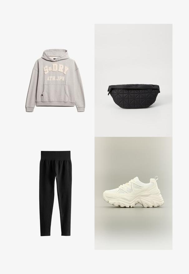 Superdry & Co ATHLETIC ESSENTIALS - Hættetrøje - grey marl; Sorte ribstrikkede leggings med høj talje og bred elastik i taljen, tætsiddende pasform i fuld længde uden synlige logoer eller mønstre.; Hvid chunky sneaker med tyk tekstureret sål, mesh paneler, snørelukning foran og trækstrop ved hælen på en neutral baggrund.; Sort quiltet taske med en blød, polstret tekstur og et vinkelret diamantmønster, med en buet silhuet og lynlåslukning.