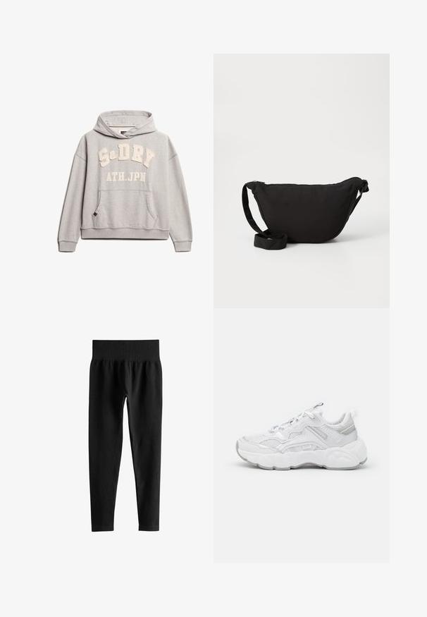 Superdry & Co ATHLETIC ESSENTIALS - Hoodie - grey marl; Zwarte geribbelde leggings met hoge taille en brede elastische tailleband, smalle pasvorm over de volledige lengte, zonder zichtbare logo’s of patronen.; Witte sport sneakers met een bovenwerk van mesh, gevoerde tong en lus op de tong. Dikke rubberen zool met textuurdetails en zilveren accenten.; Zwarte hobo tas gemaakt van zachte stof, met een gebogen vorm, een ritssluiting en een brede verstelbare schouderriem. Glad van structuur zonder patronen.