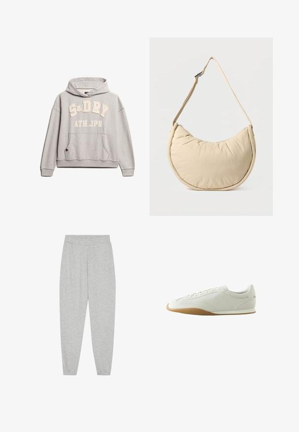 Superdry & Co ATHLETIC ESSENTIALS - Hættetrøje - grey marl; Lysegrå sweatpants lavet af blød bomuldsblanding, med elastisk talje, tynde ribbede ankler og ingen synlige lommer eller mønstre.; Hvid lav sneaker med brun gummisål, syningsdetaljer, snørelukning foran og broderet logo på siden.; Beige skuldertaske i halvmåneform med en blød, polstret overflade. Har justerbar rem og lynlås langs den øverste kant.
