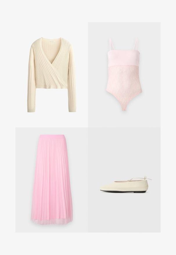 Pull court à manches longues en maille côtelée couleur crème, style cache-cœur avec un décolleté profond en V et une texture douce.; Body en dentelle rose clair avec bretelles spaghetti et une partie supérieure lase sur un fond clair uni.; Jupe plissée rose avec une texture douce et légère, dotée d'une ceinture élastique, ornée de petits accents métalliques dispersés.; Des chaussures plates de couleur crème avec un bout arrondi, une sangle à la cheville et une semelle en caoutchouc noir contrastante. Matériau lisse avec un detailing minimal.