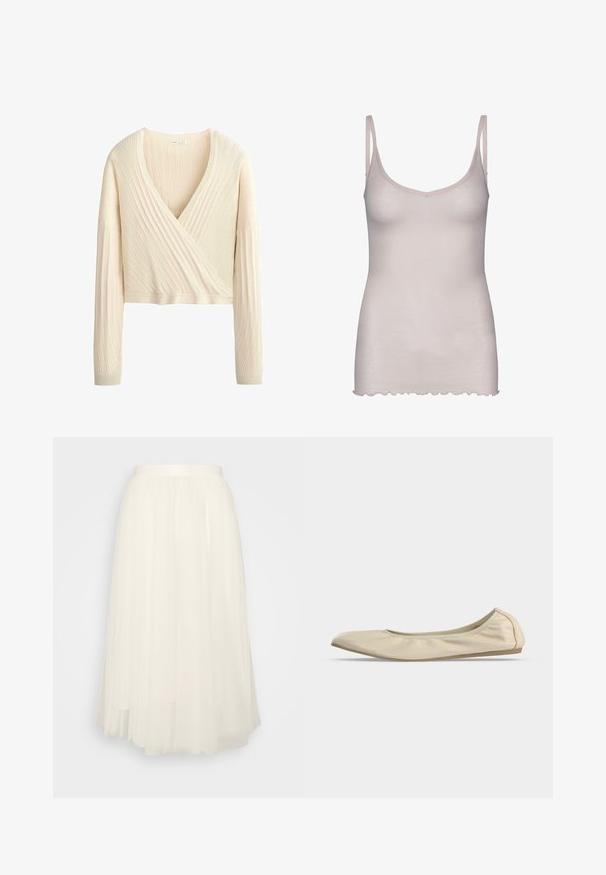 Pull court à manches longues en maille côtelée couleur crème, style cache-cœur avec un décolleté profond en V et une texture douce.; Camisole rose clair avec des bretelles fines, fabriquée en tissu doux. Présente un décolleté en V et un ourlet festonné en bas.; Jupe en tulle blanche avec une taille ajustée, doublure intérieure à mi-mollet et tissu extérieur transparent superposé. Texture douce et design fluide.; Ballerine beige en cuir souple avec bout arrondi, profil latéral bas et semelle fine en caoutchouc sur fond blanc uni.