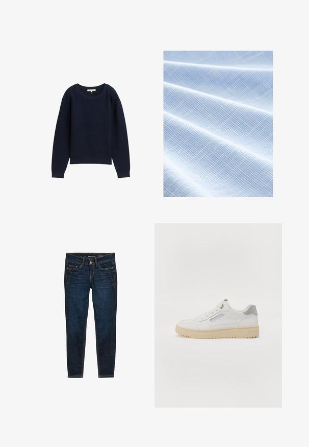 Suéter de punto azul marino con un corte relajado, cuello redondo amplio y puños acanalados. Presenta un patrón texturizado en toda la tela.; Tela azul clara con un patrón de cuadrícula tejido. La textura es suave con pliegues visibles, lo que indica un material ligero y blando.; Jeans de mezclilla de color azul oscuro con un ajuste slim, que presentan costuras naranjas, cinco bolsillos y un cierre de botón en la cintura.; Zapatillas blancas para hombres con una textura suave, detalles en gris, puntera redonda y suela de goma beige. Presentan una etiqueta lateral y detalles perforados.