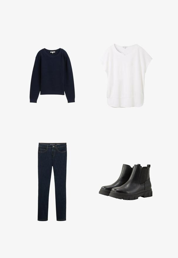 Marineblauwe gebreide trui met een relaxed fit, brede ronde hals en geribde manchetten. Heeft een gestructureerd patroon door de stof.; Witte blouse met korte mouwen, gemaakt van zachte stof. Heeft een ronde halslijn met een kleine uitsparing en een licht gebogen zoom voor een ontspannen pasvorm.; Donkerblauwe denim jeans met een slim fit. Voorzien van vijf zakken, contrasterende oranjestiksels en een metalen knoopsluiting bij de tailleband.; TOM TAILOR Enkelkaarsjes - black