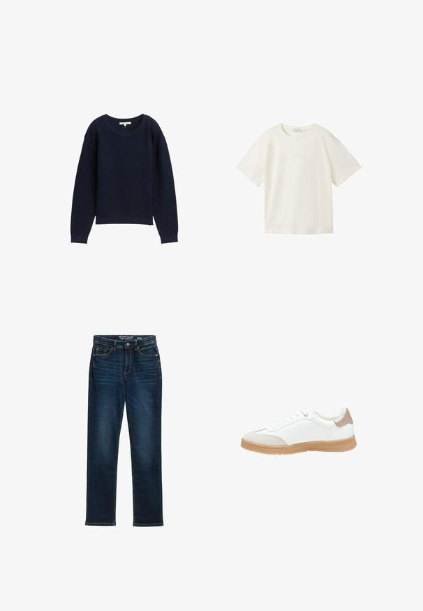 Marineblauer Strickpullover mit lockerer Passform, weitem Rundhalsausschnitt und gerippten Bündchen. Mit einem strukturierten Muster über den gesamten Stoff.; TOM TAILOR DENIM T-Shirt basic - gardenia white; Dunkelblaue gerade Jeans aus Denim, mit fünf Taschen, Metallknopfverschluss und Kontrastnähten. Keine sichtbaren Abnutzungen.; Weiße Sneaker mit einem glatten Lederobermaterial, einem beigefarbenen Suede-Zehenkappen und einer strukturierten braunen Gummisohle. Verfügt über fünf Ösen für die Schnürsenkel und eine gepolsterte Ferse.