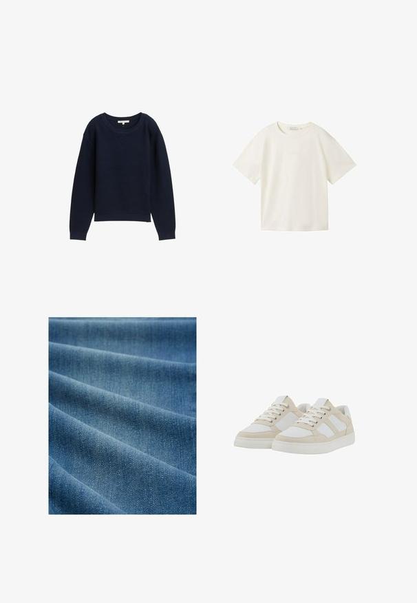 Tumesinine kudumine särk, millel on lõtv istuvus, lai ümmargune kaelus ja ribadest mansetid. Omab kogu kangas tekstuurset mustrit.; TOM TAILOR DENIM Lihtne T-särk - gardenia white; Denimkangas sujuva tekstuuriga; keskmise sinise värviga, millel on diskreetsed variatsioonid. Omab kaldus kudumist ja kerget läiget kangaste viimistlusest.; Beez ja valged tennisetossud tekstuurse ülaosaga, paeltega kinnitamine ja pehmendatud kaelus. Omab kolme valget küljeriba ja kummist talla.