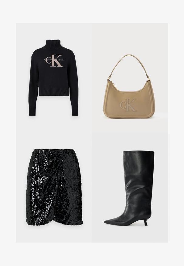 Tumesinine lühike kampsun, ribaga kaelusega, millel on hele roosa tikitud 'CK' logo ja 'calvin klein' tekst. Sile kudumise tekstuur.; Mustmustri must sequin seelik elastse vöökohaga. Omab rippuvat disaini, säravat pinda ja lainelist äärt, mis lisab tekstuuri.; Must mustekohvane nahast saabas, millel on terav varvas ja madal kitten-konts, esitatud lihtsal heledal taustal.; Calvin Kleini käekott taupe värvi nahast, sileda tekstuuriga, kõverate vormidega, reljeefse „CK“ logoga ja ühe õlarihmaga. Ülevalt lukuga.