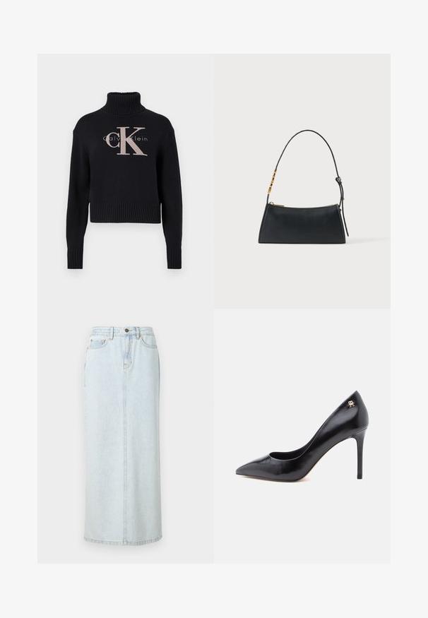 Marineblauwe crop trui met een geribbelde turtleneck, voorzien van een lichtroze geborduurd 'CK' logo en 'calvin klein' tekst. Glad brei-textuur.; Lichtblauwe denim maxi rok met een rechte snit, voorzijde met knopen en zichtbare stiksels. Bevat twee voorzakken.; Zwarte leren pump met hoge hak en spitse neus, voorzien van een uitsnijdingsontwerp en een klein gouden logo-accent op de hak.; Zwarte leren handtas met een gouden ritssluiting en verstelbare band met gouden rechthoekige details op een witte achtergrond.