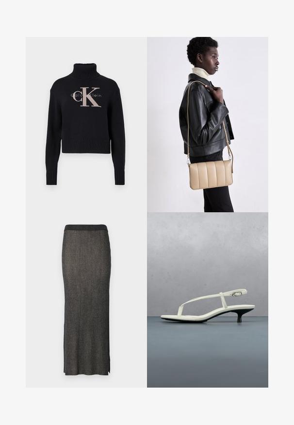 Marineblauwe crop trui met een geribbelde turtleneck, voorzien van een lichtroze geborduurd 'CK' logo en 'calvin klein' tekst. Glad brei-textuur.; Brede gebreide midi-rok in donkergrijs met verticale ribbelstructuur, een aansluitende pasvorm en splitten aan de zoom voor bewegingsgemak. Zachte, gestructureerde stof.; Witte sandaal met smalle bandjes en kitten heel, met een spitse neus, zwevend boven een houten tegelvloer buiten, met op de achtergrond een wazige plant en muur.; Beige leren crossbody tas met een gequilt ontwerp, rechthoekige vorm, dunne schouderband en zilverkleurige hardware, gedragen door een persoon in een zwarte jas.