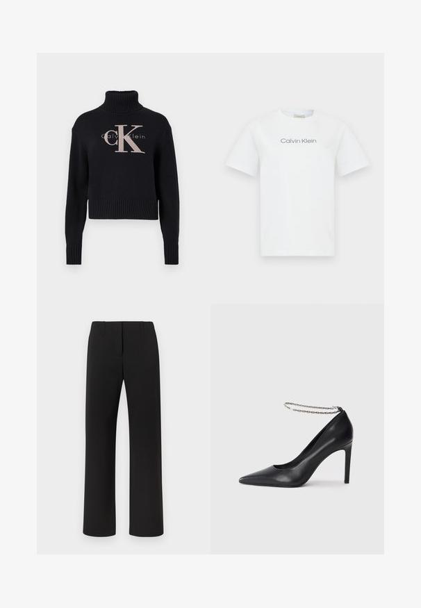Marineblauwe crop trui met een geribbelde turtleneck, voorzien van een lichtroze geborduurd 'CK' logo en 'calvin klein' tekst. Glad brei-textuur.; Witte katoen t-shirt met een ronde hals en korte mouwen. Het shirt toont de tekst "Calvin Klein" in grijs over de borst.; Zwarte broek met een recht model, voorzien van een gladde textuur, een verborgen voorzijde sluiting en twee steekzakken aan de voorkant.; Zwarte leren hoge hak pump met een spitse neus, voorzien van een dunne zilveren ketting enkelband en een strakke, gladde textuur.