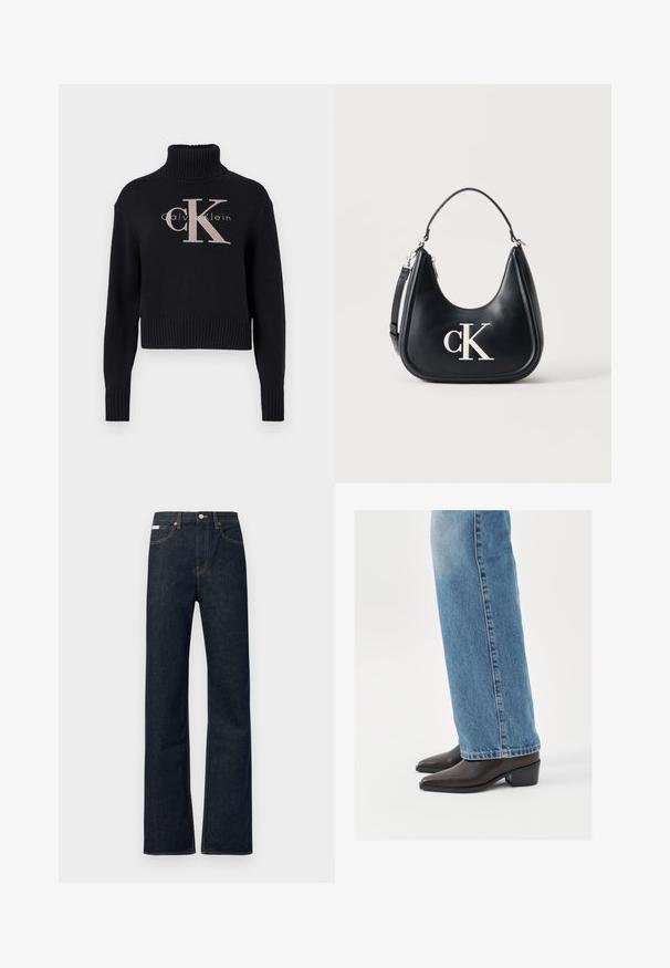 Marineblauwe crop trui met een geribbelde turtleneck, voorzien van een lichtroze geborduurd 'CK' logo en 'calvin klein' tekst. Glad brei-textuur.; Donkerblauwe spijkerbroek met rechte pijpen, voorzien van oranje stiksels, een knoopsluiting aan de voorkant en een klein label op de tailleband.; Bruine leren enkellaarzen met een spitse neus en blokhak, gecombineerd met lichtblauwe recht gesneden jeans, die een schoon en eenvoudig ontwerp tonen.; Zwarte leren schoudertas met zilveren "cK"-logo, gebogen silhouet, kort hengsel en afneembare langere band op effen achtergrond.