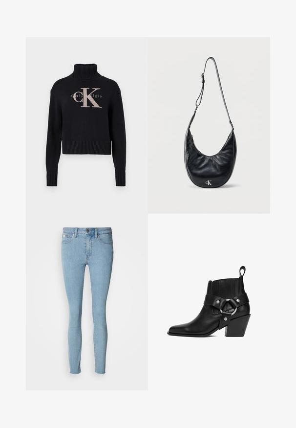 Marineblauwe crop trui met een geribbelde turtleneck, voorzien van een lichtroze geborduurd 'CK' logo en 'calvin klein' tekst. Glad brei-textuur.; Lichtblauwe skinny jeans van denim. Kenmerken zijn een hoge taille, een vijf-pocket ontwerp en een lichte rafeling aan de zoom.; Zwarte leren enkellaars met een spitse neus, gebogen silhouet en een brede blokhak. Voorzien van een decoratieve band en zilverkleurige metalen accenten.; Zwarte, halvemaanvormige leren schoudertas met verstelbare riem en zilveren "cK"-logo aan de voorkant, tegen een effen witte achtergrond.