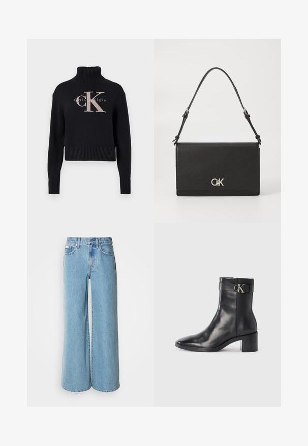 Marineblauwe crop trui met een geribbelde turtleneck, voorzien van een lichtroze geborduurd 'CK' logo en 'calvin klein' tekst. Glad brei-textuur.; Lichtblauwe wijde jeans van denim, met een hoge taille, vijf pockets en subtiele vervaging langs de stof.; Zwarte leren enkellaars met een spitse neus, blokhak en een bandje met een metallic logo. Gladde textuur en minimalistisch ontwerp.; Zwarte leren schoudertas met een gladde textuur, een klepafsluiting en een zilveren logo-accent. Voorzien van een verstelbare schouderband.