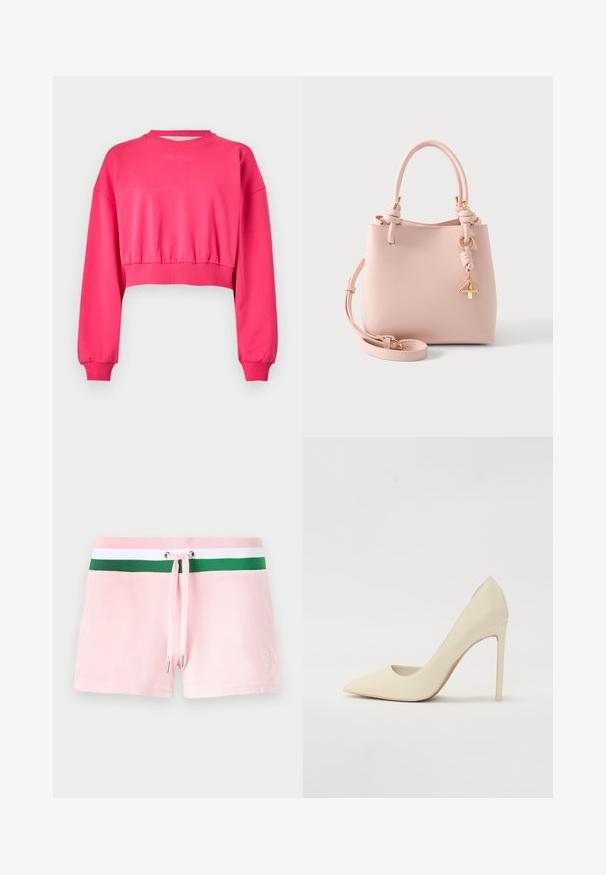 Lyserød cropped sweatshirt med lange ærmer og ribbede manchetter. Har en rund udskæring og minimal branding på brystet.; Lyserøde bomuldsshorts med en grøn og hvid stribet talje, med snøre og sølvmetalspidser. Diskret logo broderet på siden.; Spids-tået creme højhælet sko lavet af glat læder med en slank stiletto hæl og en let udskæring på siderne.; Blød lyserød håndtaske med to håndtag, en aftagelig skulderrem og en gylden trekantet charm, der hænger fra det ene håndtag.