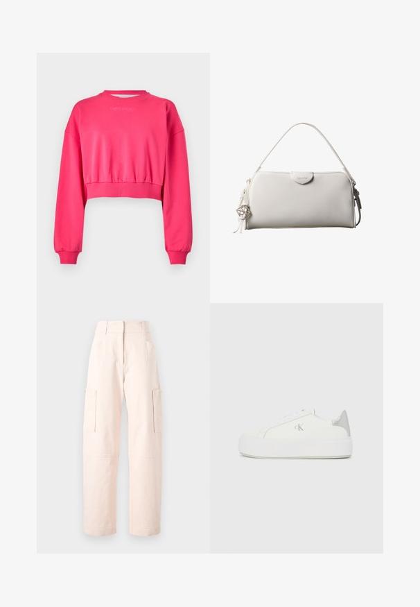Sweatshirt court rose avec des manches longues et des poignets côtelés. Présente un col arrondi et un branding minimaliste sur la poitrine.; Pantalons cargo rose clair en coton, avec une coupe droite, deux poches latérales et une taille avec des détails élastiques.; Baskets en toile blanches avec une semelle blanche épaisse, présentant un accent argent métallique au niveau du talon et un subtil logo sur le côté.; Sac à main rectangulaire blanc Calvin Klein avec une seule poignée, design minimaliste et pampilles décoratives avec un charm métallique géométrique sur le côté.