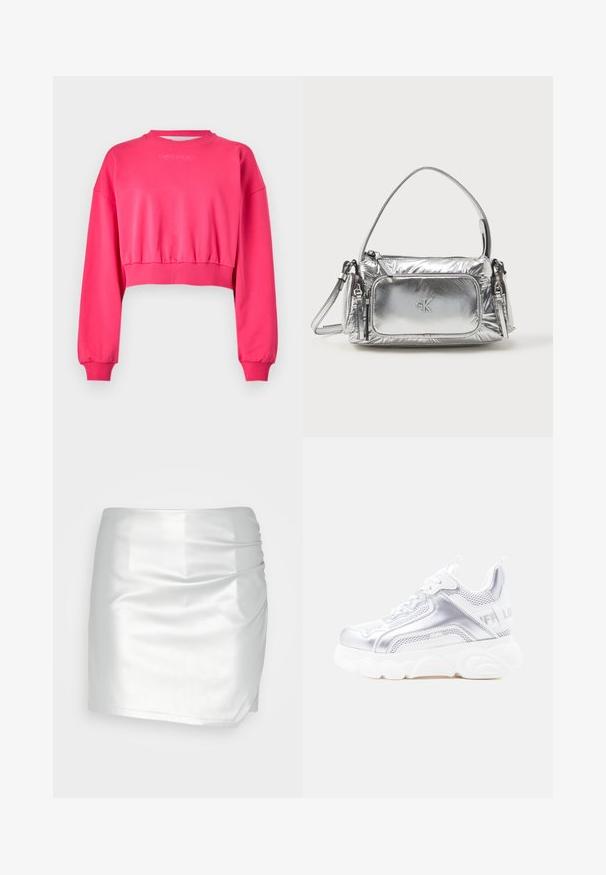 Sweatshirt court rose avec des manches longues et des poignets côtelés. Présente un col arrondi et un branding minimaliste sur la poitrine.; Even&Odd by Zalando Short - silver; Baskets épaisses blanches et argentées avec une semelle texturée épaisse, des panneaux en mesh et synthétiques, un bout arrondi et une languette à l'arrière.; Sac à main en argent métallique de forme rectangulaire, avec une fermeture éclair sur le dessus et une poche avant. Il est doté d'une courte poignée et d'une sangle réglable. Fini texturé.