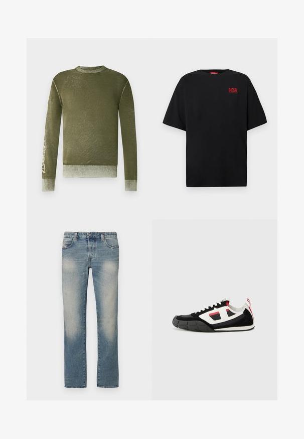 Pull à manches longues vert olive avec poignets et ourlet côtelés, texture subtilement délavée, et texte graphique de couleur claire sur la manche droite.; T-shirt noir en coton, avec des manches courtes, un col rond, et un logo rouge "DIESEL" sur le côté gauche de la poitrine.; Jean droit en denim bleu clair avec zones délavées, cinq poches et fermeture à bouton. Le tissu présente de légers effets d'usure et des marques d'usure.; Diesel S PAGODHA LOW - Baskets basses - black