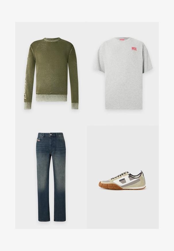 Pull à manches longues vert olive avec poignets et ourlet côtelés, texture subtilement délavée, et texte graphique de couleur claire sur la manche droite.; T-shirt en coton gris avec un col rond et des manches courtes. Présente un petit logo rouge « DIESEL » sur la poitrine. Texture lisse.; Jean en denim bleu à jambe droite avec lavage délavé, fermeture avant par bouton et fermeture éclair, et design à cinq poches.; Baskets athlétiques avec une tige beige, des accents gris et blancs, un suède texturé et une semelle en caoutchouc à motif. Lacets marron et languette de traction inclus.