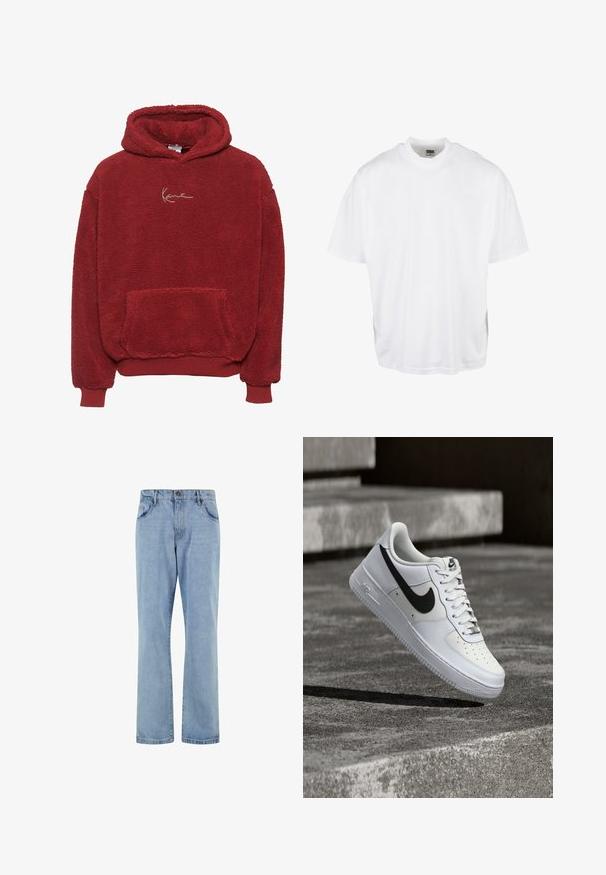 Rød fleece hoodie med en tekstureret overflade, en frontlomme og en hætte med snørebånd. Har et guldbroderet logo på brystet.; Hvid bomulds T-shirt med en afslappet pasform, korte ærmer og rund halsudskæring, med en lige kant og ingen synlige grafikker eller mønstre.; Lyseblå straight-leg denim jeans med forlommer, bæltestropper og knaplukning på hvid baggrund.; Hvid Nike Air Force 1-sneaker med sort swoosh, snørebånd bundet, placeret i luften over tekstureret betonoverflade udendørs.