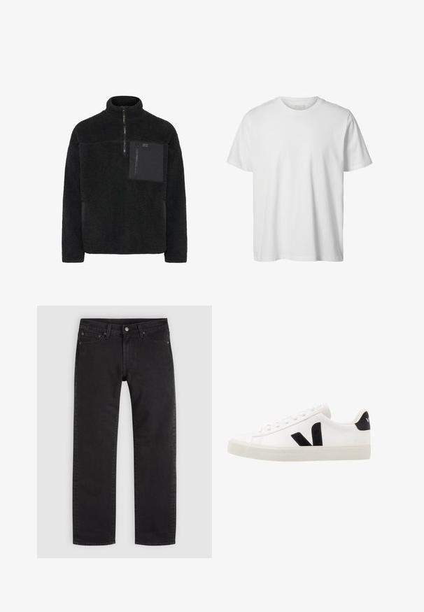 Pull en polaire noir avec un col haut, fermeture éclair quart sur le devant et une poche poitrine en matériau contrastant. Surface texturée et douce.; T-shirt blanc uni à manches courtes, col rond, coupe décontractée, sans logos ni motifs visibles à l'avant.; Jean noir droit avec bouton et fermeture éclair à l'avant, passants de ceinture et design à cinq poches sur un fond clair uni.; Sneaker blanche en cuir avec des accents en daim noir ; dispose d'une semelle en caoutchouc, d'un bout rond et d'un design classique à lacets. Logo latéral en noir.