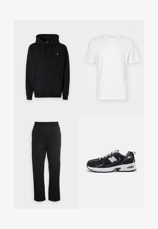 Μαύρη hoodie φτιαγμένη από μίγμα βαμβακιού με κασετίνα, κουκούλα με κορδόνι, ribbed μανσέτες και ένα μικρό λογότυπο στο αριστερό στήθος.; Λευκό βαμβακερό T-shirt με κοντά μανίκια, στρογγυλή λαιμόκοψη και λεία υφή. Απλός σχεδιασμός χωρίς σχέδια ή γραφικά.; Μαύρο βαμβακερό παντελόνι με ελαστική μέση, ίσια πόδια και πλαϊνές τσέπες. Απαλή υφή χωρίς σχέδια ή διακοσμητικά στοιχεία.; Μαύρα και γκρι αθλητικά παπούτσια με ανώτερο μέρος από δίχτυ και σουέτ, διαθέτοντας λευκή ενδιάμεση σόλα, κορδόνια και έντονο λογότυπο "N" στο πλάι.
