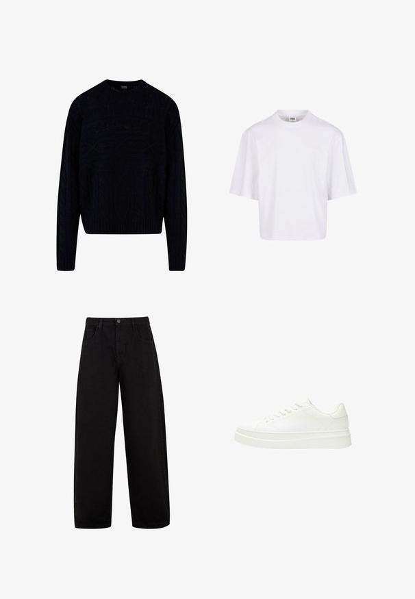 Pull noir en tricot avec un design de câble texturé, col rond, et poignets et ourlet côtelés. Longueur plus courte avec une coupe décontractée.; T-shirt blanc à manches courtes avec un col rond et une coupe décontractée, fabriqué à partir d'un tissu en coton mélangé doux. Aucun motif ni embellissement.; Jean noir à jambes larges en denim, doté de poches avant, d'une fermeture à bouton et d'un design épuré et minimal sans motifs visibles.; Baskets blanches avec une tige en cuir lisse, des lacets plats et une semelle en caoutchouc épaisse. Le design minimaliste présente des coutures discrètes et des accents sans couture.